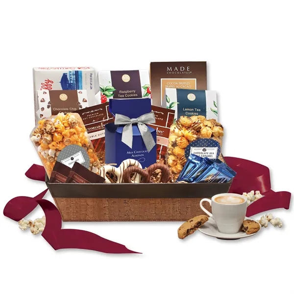 cork-like basket with faux leather trim filled with snacks and treats... from ASI 68680 Maple Ridge Farms Inc