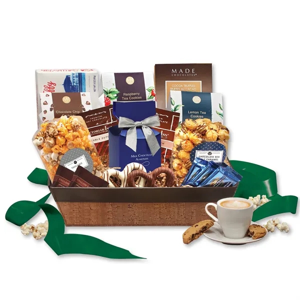 cork-like basket with faux leather trim filled with snacks and treats... from ASI 68680 Maple Ridge Farms Inc