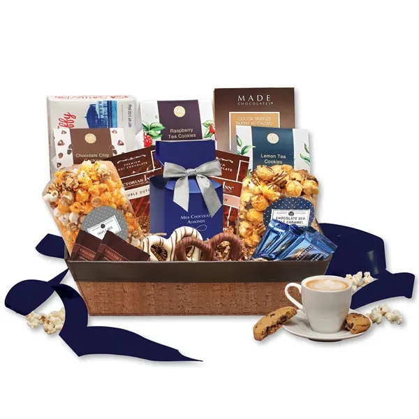 cork-like basket with faux leather trim filled with snacks and treats... from ASI 68680 Maple Ridge Farms Inc