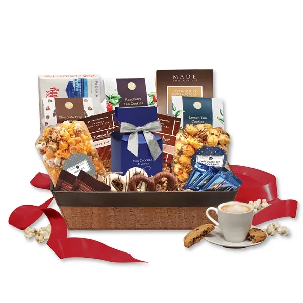 cork-like basket with faux leather trim filled with snacks and treats... from ASI 68680 Maple Ridge Farms Inc