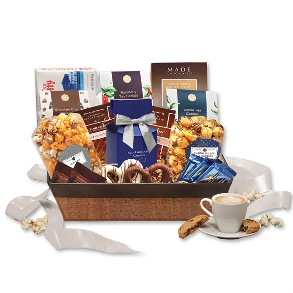 cork-like basket with faux leather trim filled with snacks and treats... from ASI 68680 Maple Ridge Farms Inc