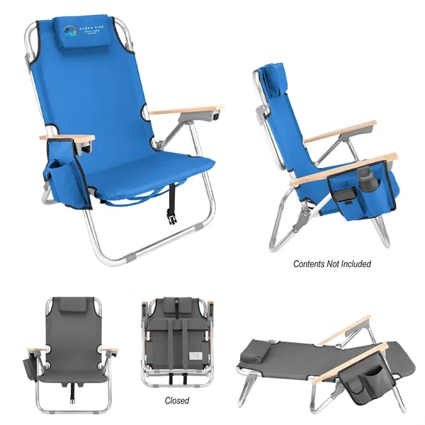 Portable reclining beach chair with arm rests, headrest and padded shoulder... from ASI 61125 Hit Promotional Products / Hit®