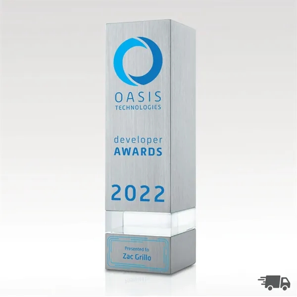 Rectangular tower shaped silver aluminum with clear optical crystal accent.... from ASI 93986 Visions/Awardcraft / Visions Awards