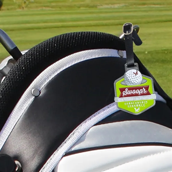 Custom shape die struck golf bag tag with 7" black leather... from ASI 61966 HPG / BCG Creations HPG Gold