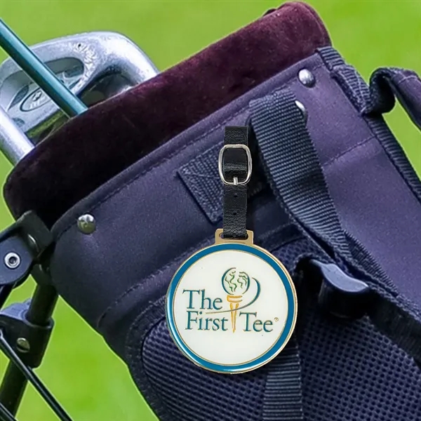 Custom shape die struck golf bag tag with 7" black leather... from ASI 61966 HPG / BCG Creations HPG Gold