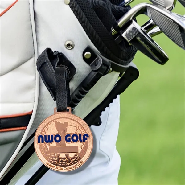 Custom shape die struck golf bag tag with 7" black leather... from ASI 61966 HPG / BCG Creations HPG Gold