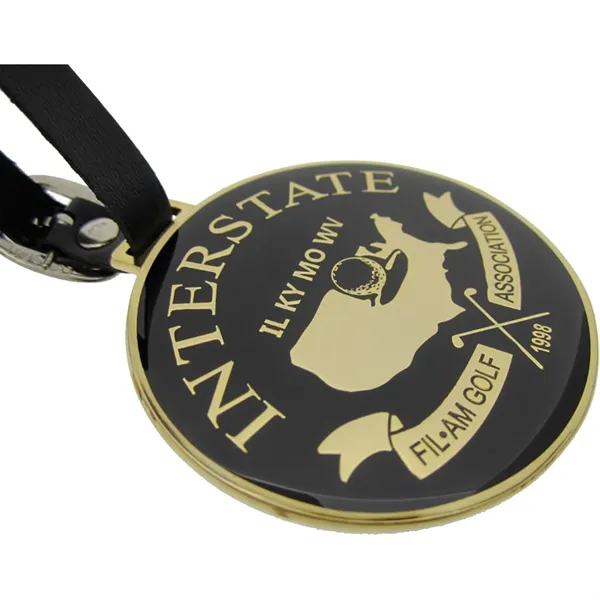Custom shape die struck golf bag tag with 7" black leather... from ASI 61966 HPG / BCG Creations HPG Gold