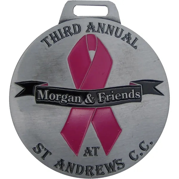 Custom shape die struck golf bag tag with 7" black leather... from ASI 61966 HPG / BCG Creations HPG Gold