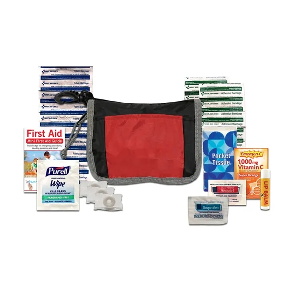 Tradeshow survival kit with Emergen-C packets, tissues, first aid supplies, carabiner,... from ASI 84514 Safety Made