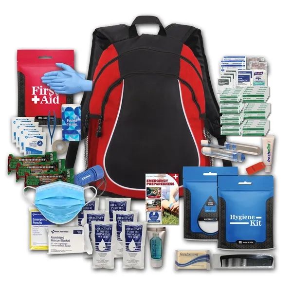 Disaster backpack with six emergency water bottles, three food bars, a... from ASI 84514 Safety Made