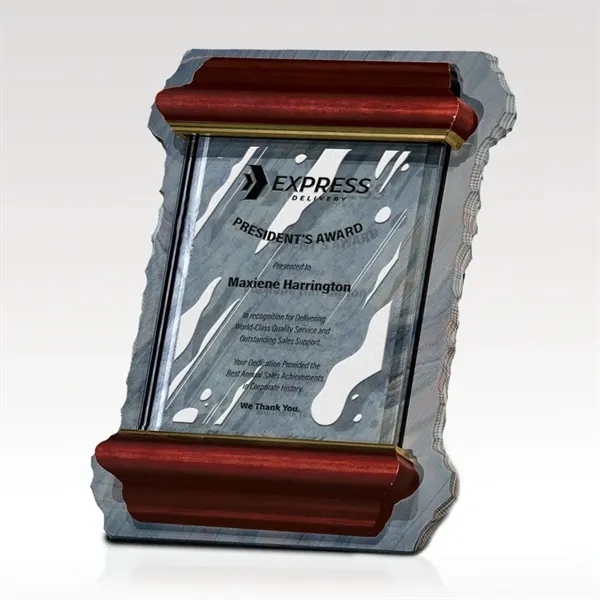 Glass and slate plaque that features cherry finished wood trim, black... from ASI 93986 Visions/Awardcraft / Visions Awards