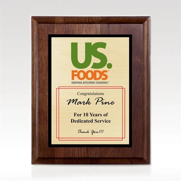 Walnut panel plaque with gold-tone etching plate that features a personalized... from ASI 93986 Visions/Awardcraft / Visions Awards