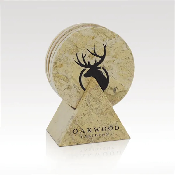 Four polished cappuccino stone coasters and base.... from ASI 93986 Visions/Awardcraft / Visions Awards