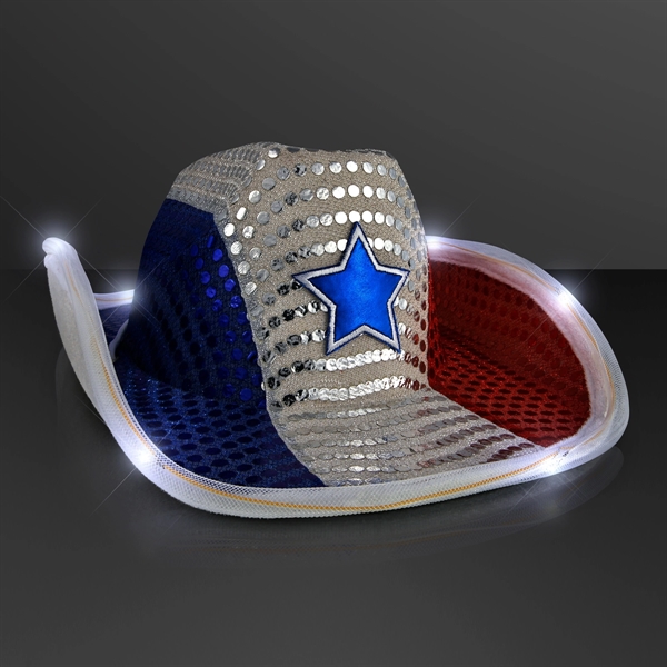 Blank or imprinted. Red, White & Blue Sequin Light Up Cowboy... from ASI 34194 ALightPromos / Alight Promotional Products
