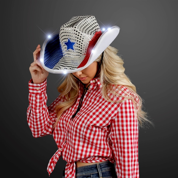 Blank or imprinted. Red, White & Blue Sequin Light Up Cowboy... from ASI 34194 ALightPromos / Alight Promotional Products