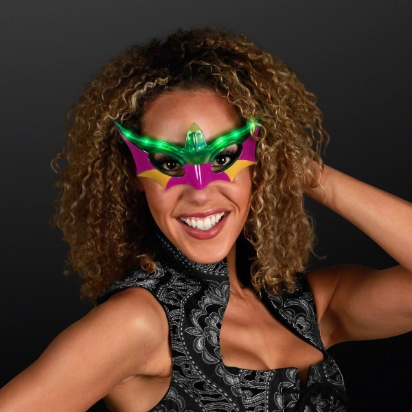 Blank or imprinted. Purple, Green & Gold Mardi Gras Mask LED... from ASI 34194 ALightPromos / Alight Promotional Products