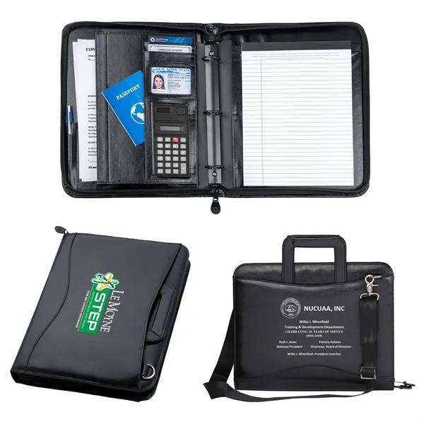 Simulated leather portfolio with removable shoulder strap and hideaway handles.... from ASI 46755 Cosmo Promos