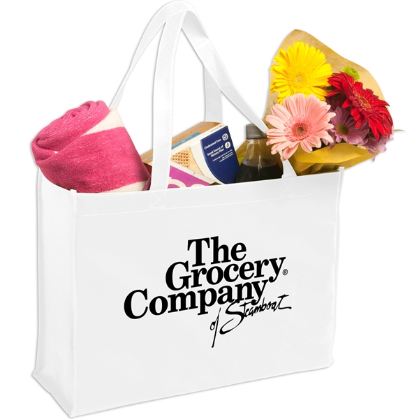 Reusable shopping tote bag constructed of 80 gsm non-woven polypropylene and... from ASI 52840 Evans Manufacturing