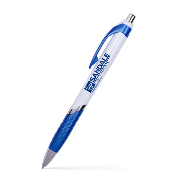Click-action pen with white barrel and colored ergonomic grip.... from ASI 90859 Tempo Industries Inc / Tempoline