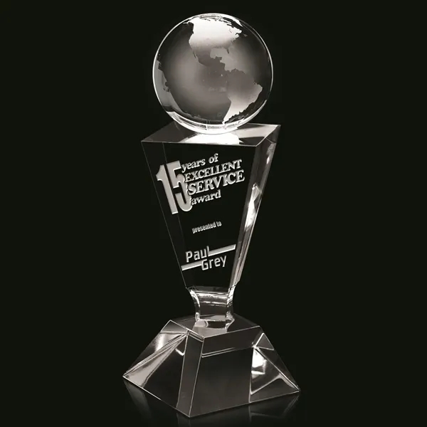 Optical crystal award tower that features an etched world globe topper... from ASI 93986 Visions/Awardcraft / Visions Awards