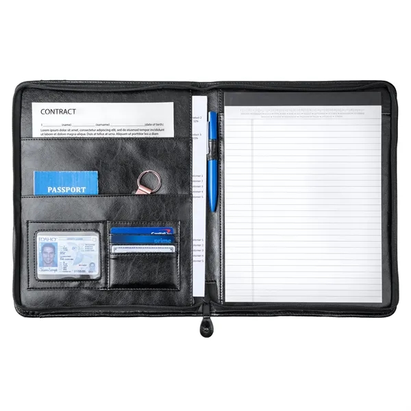 Professional simulated leather zip portfolio with card holders and writing pad.... from ASI 46755 Cosmo Promos