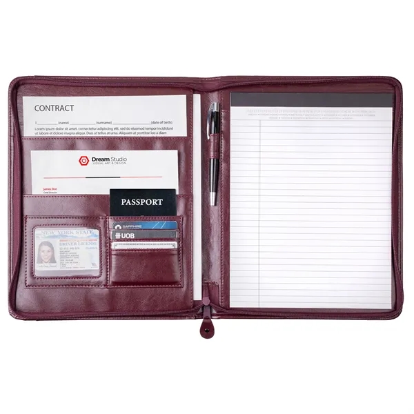 Professional simulated leather zip portfolio with card holders and writing pad.... from ASI 46755 Cosmo Promos