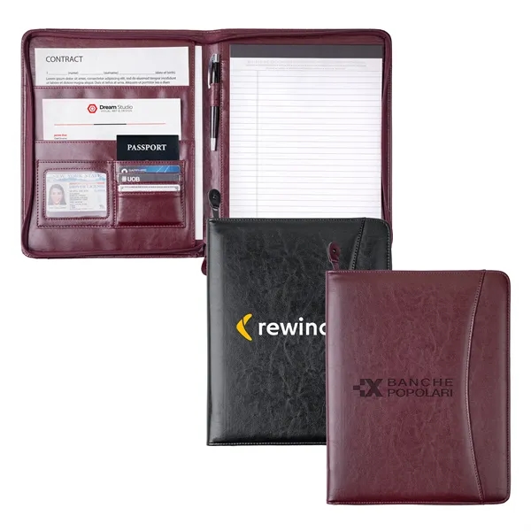 Professional simulated leather zip portfolio with card holders and writing pad.... from ASI 46755 Cosmo Promos