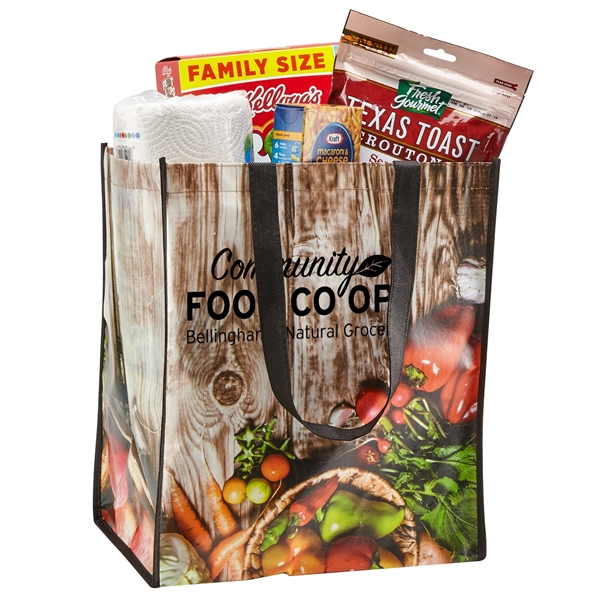 Laminated non-woven grocery tote that wipes clean with 22" reinforced handles,... from ASI 52840 Evans Manufacturing