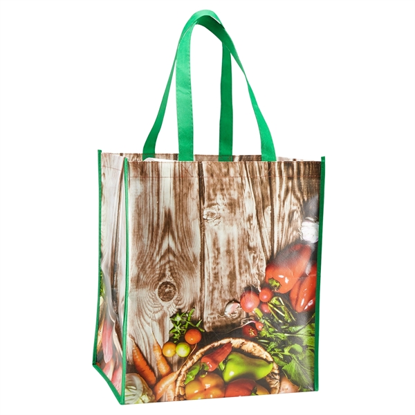 Laminated non-woven grocery tote that wipes clean with 22" reinforced handles,... from ASI 52840 Evans Manufacturing