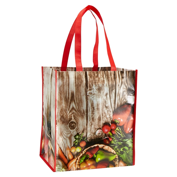 Laminated non-woven grocery tote that wipes clean with 22" reinforced handles,... from ASI 52840 Evans Manufacturing