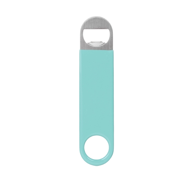 Paddle style bottle opener made of stainless steel, wrapped in colored... from ASI 57655 STOPNGO Line