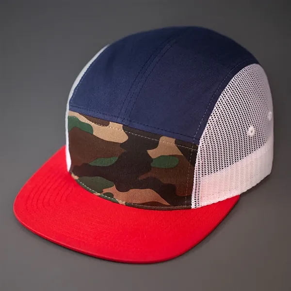 Premium Cotton Twill, 5 Panel Camp Crown, Mesh Side Panels, Flat... from ASI 72657 Active Life Promo / Active Life