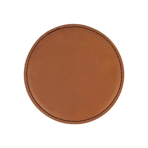 This 4" rawhide leatherette coaster is customizable, durable, and water-resistant, perfect... from ASI 92980 WOV-IN® / Universal Strap/Wov-In Line