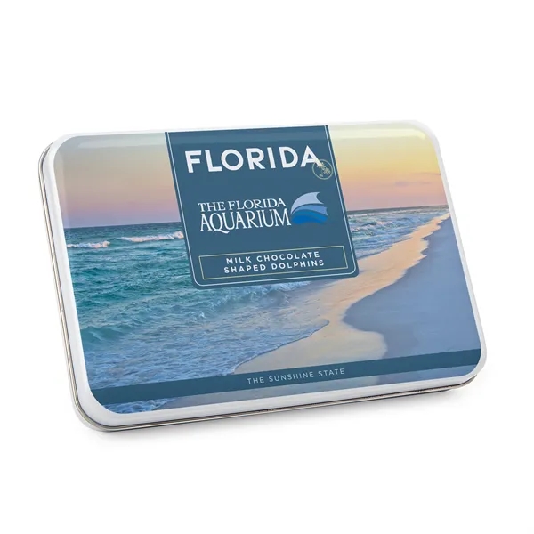 Gift Tin with Dolphin Shaped Chocolates... from ASI 44900 NC Custom (CI/Lanco) / Chocolate Inn