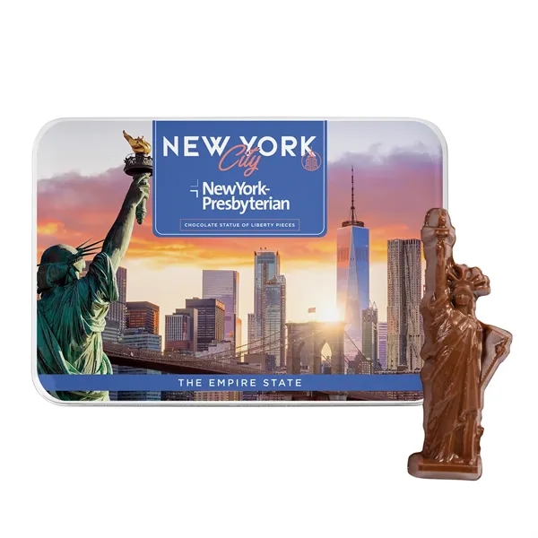 Gift Tin with Statue of Liberty Chocolates... from ASI 44900 NC Custom (CI/Lanco) / Chocolate Inn