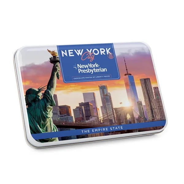 Gift Tin with Statue of Liberty Chocolates... from ASI 44900 NC Custom (CI/Lanco) / Chocolate Inn