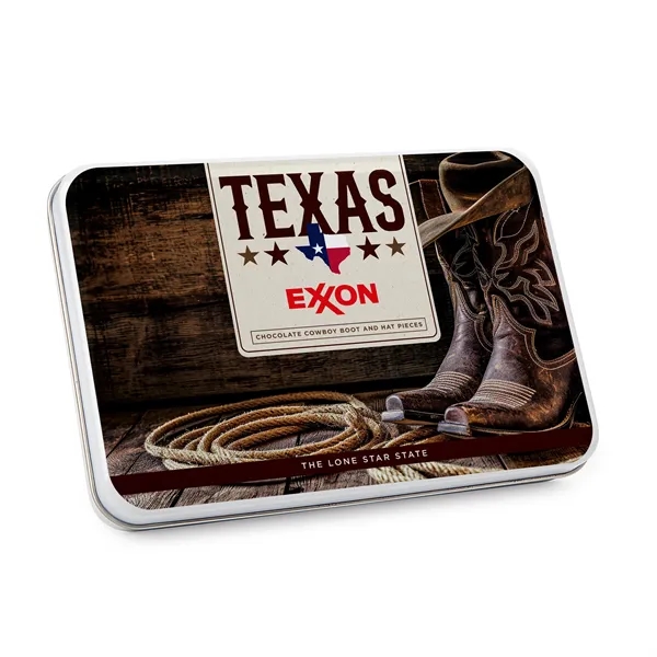 Gift Tin with Cowboy Boot and Hat Chocolates... from ASI 44900 NC Custom (CI/Lanco) / Chocolate Inn