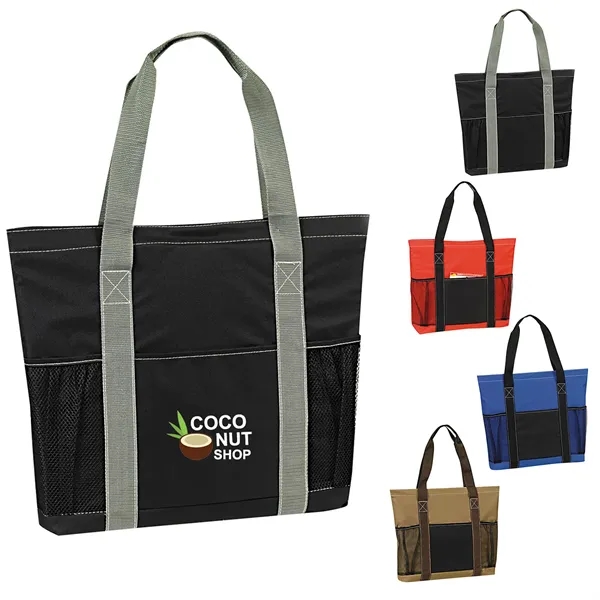 18" x 14.75" x 3" polyester tote with mesh bottle pockets,... from ASI 37980 Bagworld