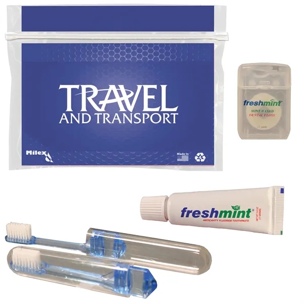 Dental kit with a plastic pouch, travel toothbrush, toothpaste tube, and... from ASI 84514 Safety Made
