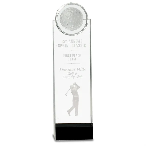 Optic crystal golf trophy with black base. 3D male golfer image... from ASI 72657 Active Life Promo / Street Marketing