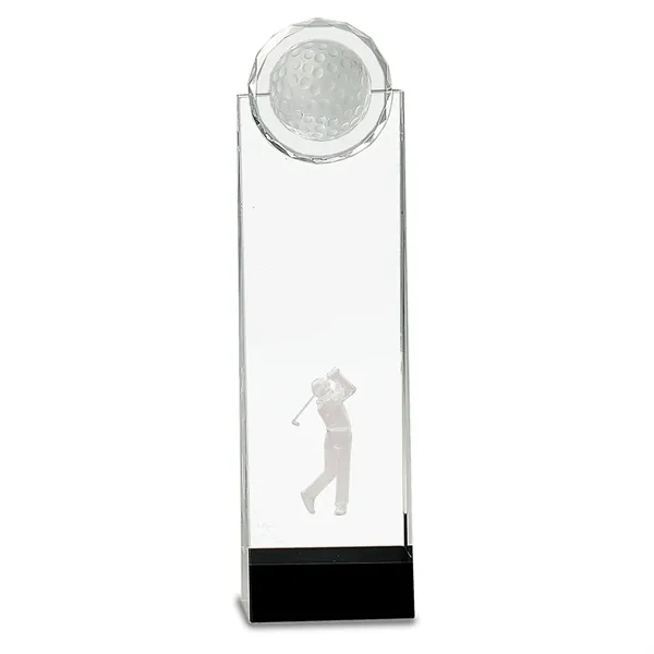 Optic crystal golf trophy with black base. 3D male golfer image... from ASI 72657 Active Life Promo / Street Marketing
