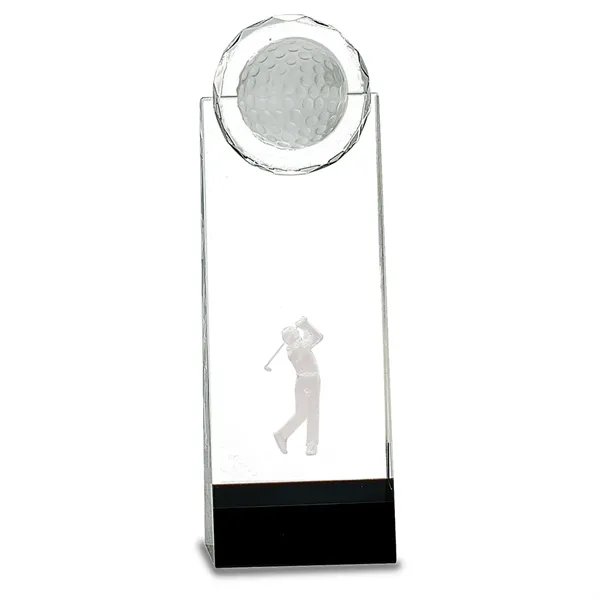 Optic crystal golf trophy with black base. 3D male golfer image... from ASI 72657 Active Life Promo / Street Marketing