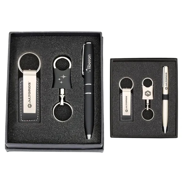 Gift set include leatherette & metal keychain, pewter valet keychain and... from ASI 46755 Cosmo Promos