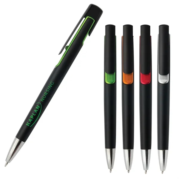 Black plastic push action pen with colored accent under the clip.... from ASI 42920 Busrel Inc