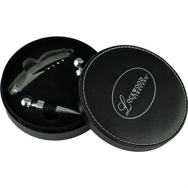 Black vinyl leather wine opener set with two wine stoppers and... from ASI 57653 Gold Bond