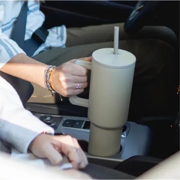 40oz cupholder friendly tumbler with handle, leak resistant lid.... from ASI 41561 Brand Box USA, LLC
