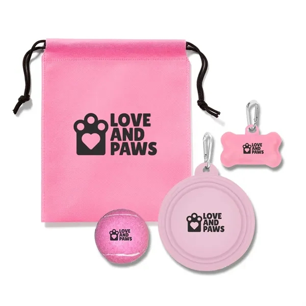 Drawstring pouch filled with a collapsible pet bowl, dog bone bag... from ASI 63549 Jornik Manufacturing Corp