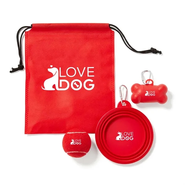 Drawstring pouch filled with a collapsible pet bowl, dog bone bag... from ASI 63549 Jornik Manufacturing Corp