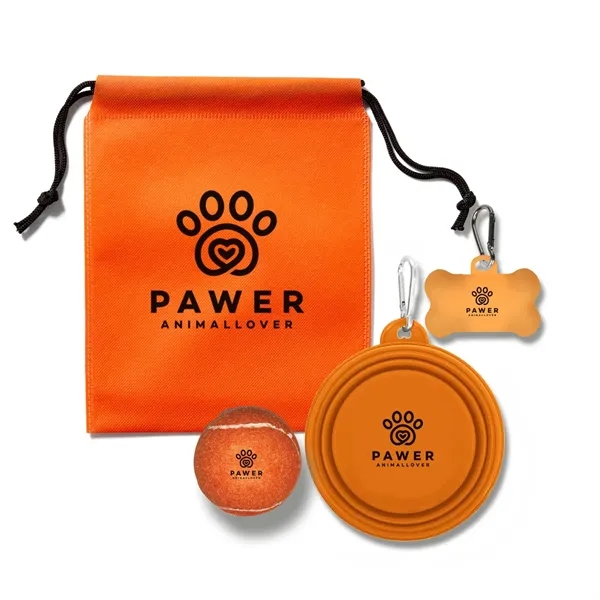 Drawstring pouch filled with a collapsible pet bowl, dog bone bag... from ASI 63549 Jornik Manufacturing Corp