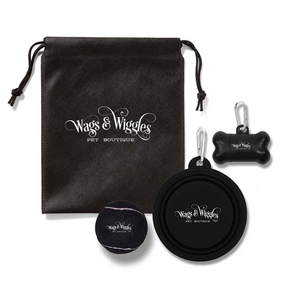 Drawstring pouch filled with a collapsible pet bowl, dog bone bag... from ASI 63549 Jornik Manufacturing Corp